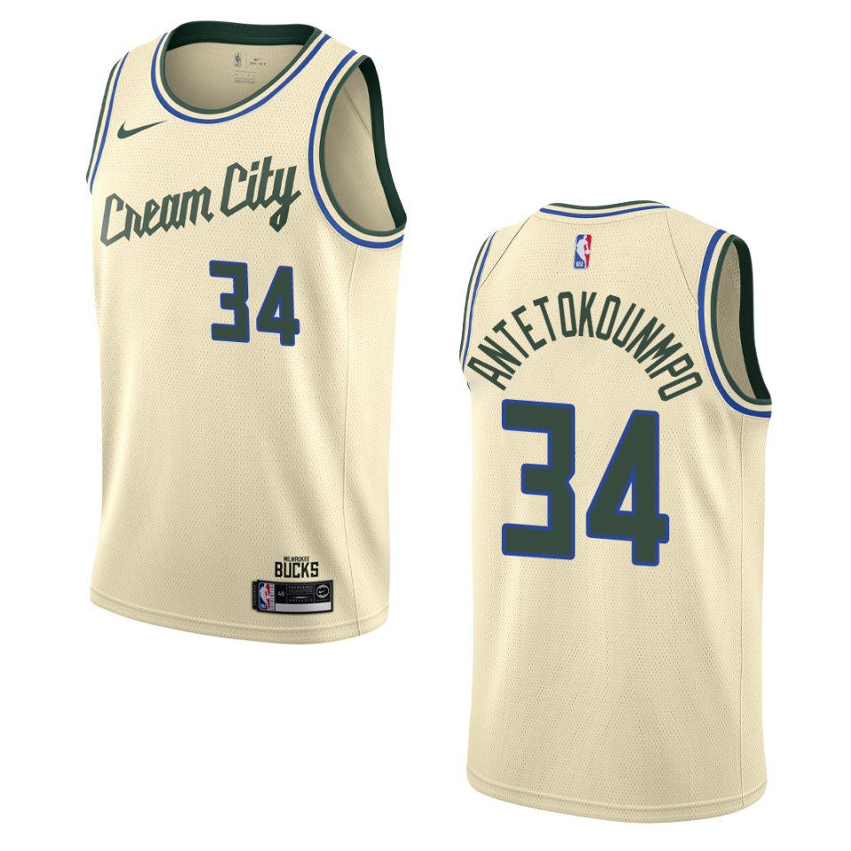 2019-20 Men's Milwaukee Bucks #34 Giannis Antetokounmpo City Edition Swingman Jersey - Cream