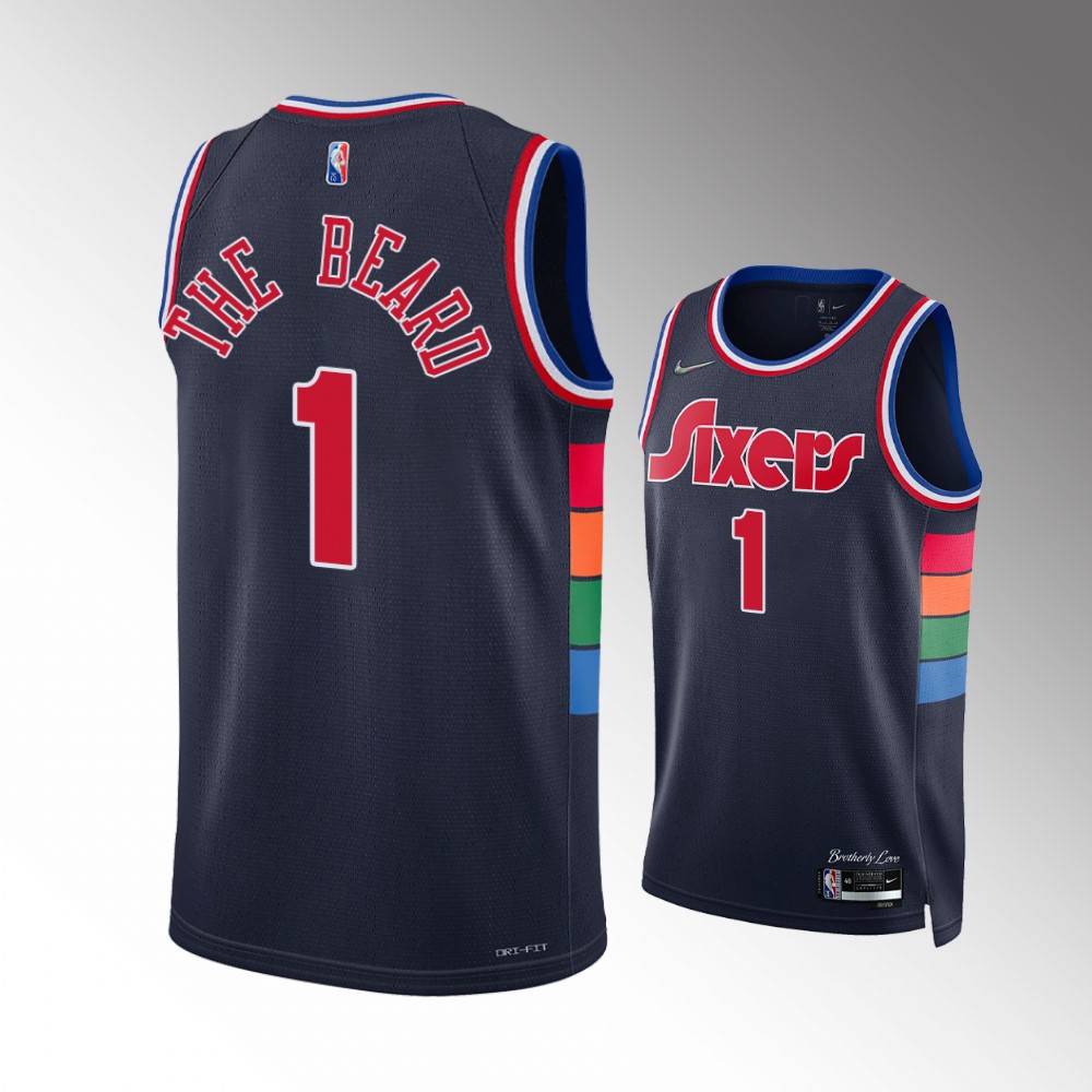 76ers #1 James Harden Navy 2022 The Beard Nickname Diamond Edition Jersey