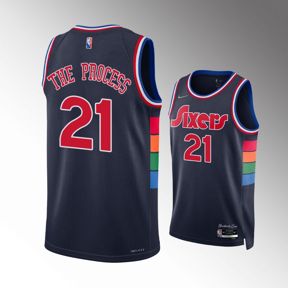 76ers #21 Joel Embiid Navy 2022 The Process Nickname Diamond Edition Jersey