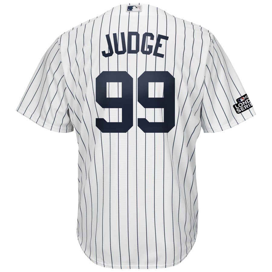 Aaron Judge New York Yankees Majestic 2019 London Series Cool Base Player Jersey – White Navy