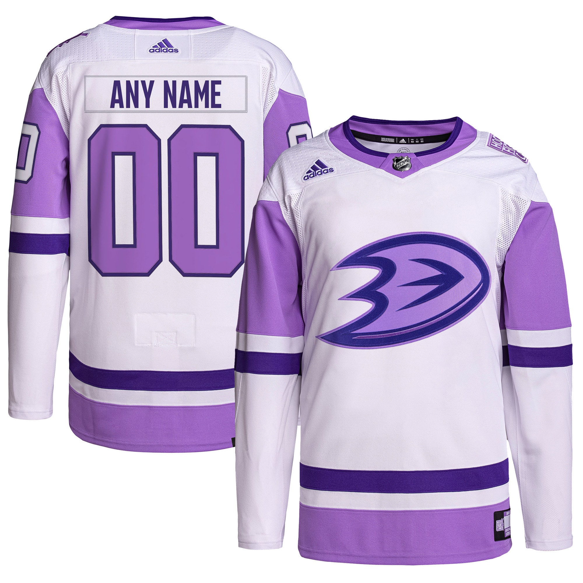 Anaheim Ducks Hockey Fights Cancer Primegreen Custom Jersey - White/purple