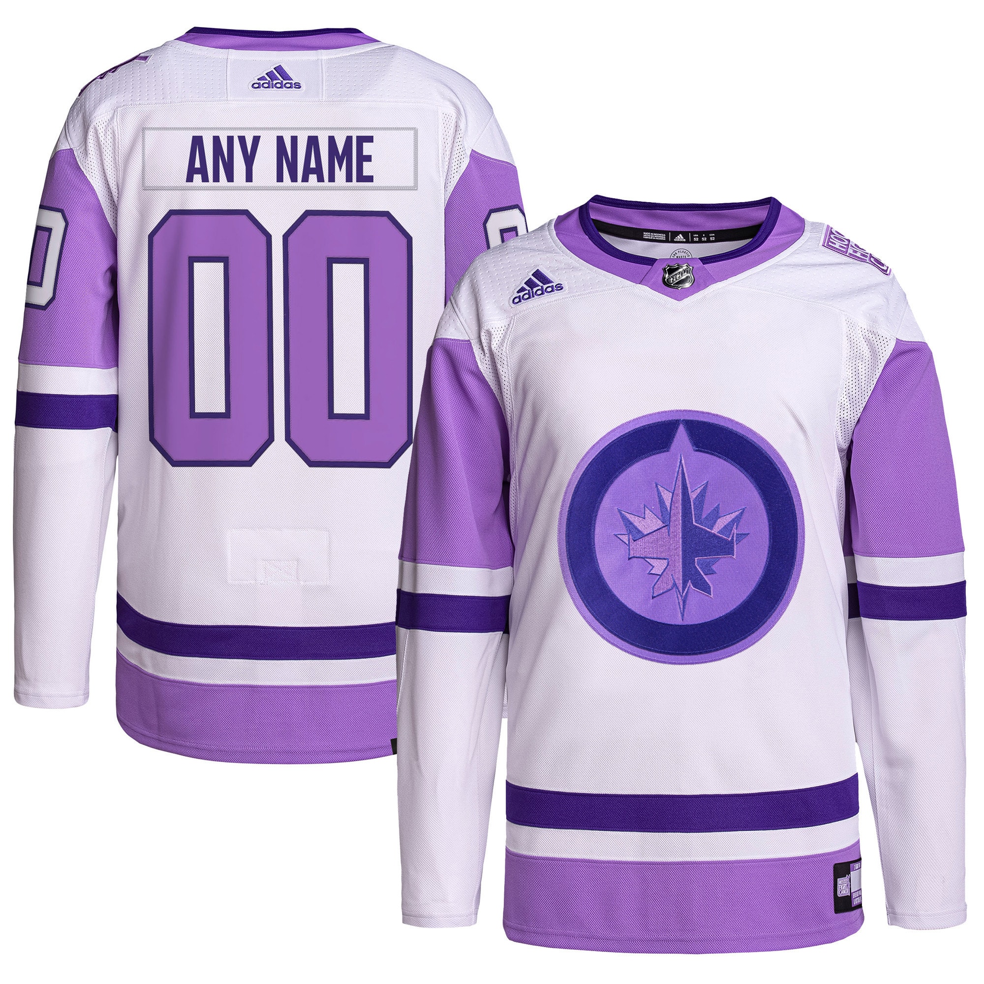 Winnipeg Jets Hockey Fights Cancer Primegreen Custom Jersey - White/purple