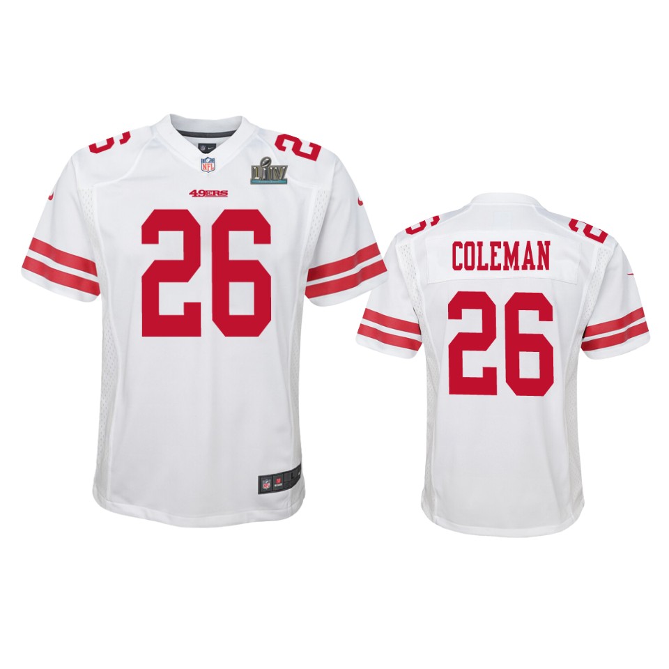 Youth Tevin Coleman White Super Bowl Liv Game Jersey